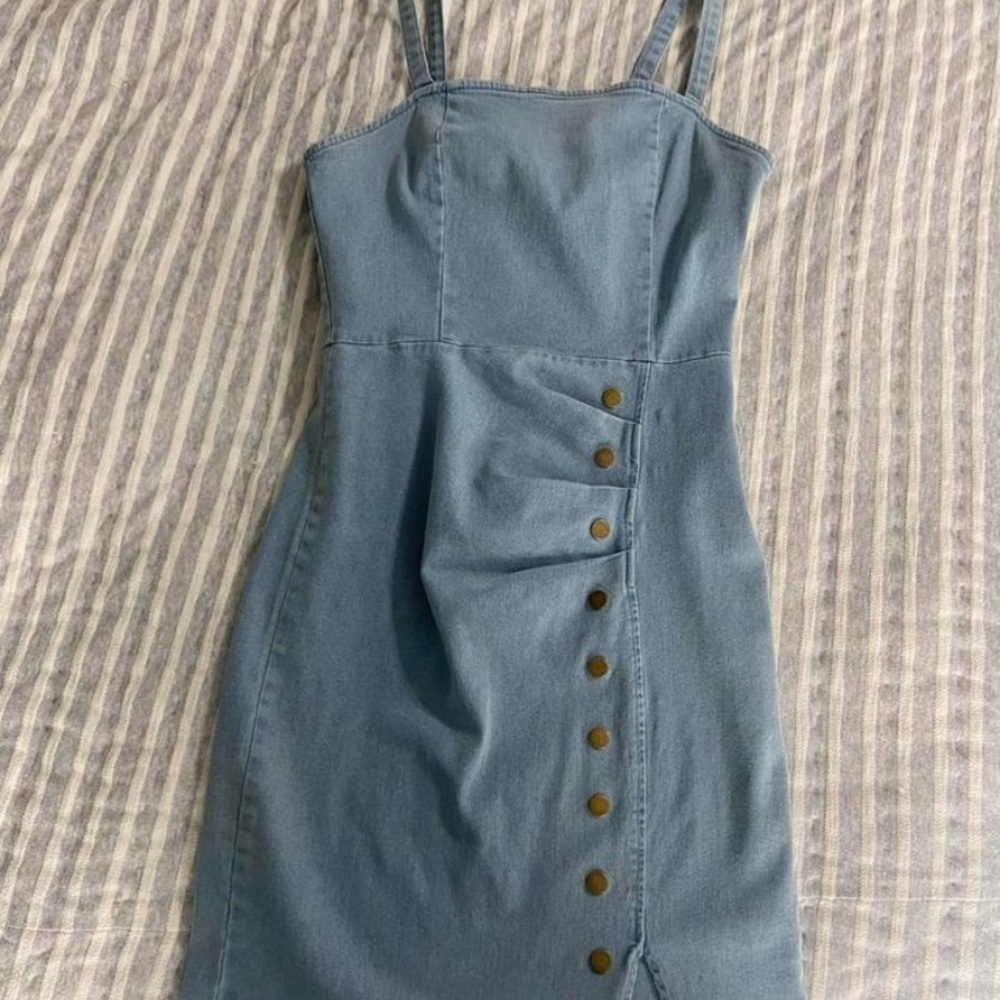 Denim Button-Accent Dress in Light Blue